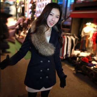 Slim Fit Long Double breasted Wool Coat with Fur Collar Navy Blue/Grey 