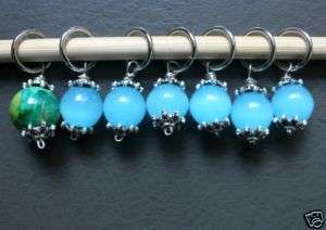 Stitch marker, knitting 6+1, blue glass bead pewter cap  