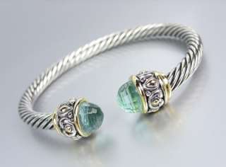   Filigree Balinese Texture Blue Topaz CZ Crystal End Tips Cuff Bracelet