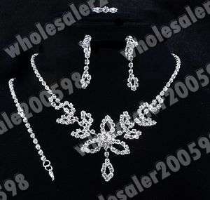 Leaf Rhinestone Set Necklace&Bracelet&Earrings&Ring  