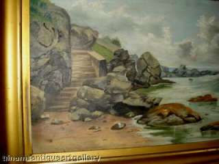 ANTIQUE SEASCAPE Original Oil Painting LEADING to OCEAN SHORE  