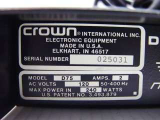 Crown Amcron D 75 Professional Dual Channel Stereo Power Amplifier D75 
