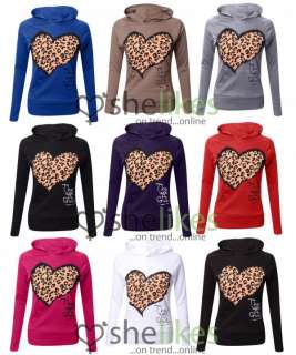 Womens Heart Animal Print Hooded Top Ladies Long Sleeve Leopard Heart 