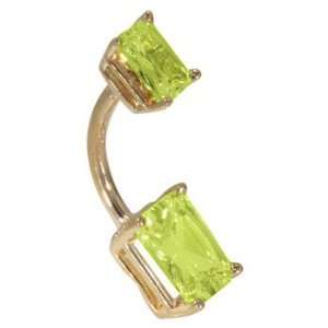   Double Emerald Cut Peridot Solid 14K Yellow Gold Belly Ring   (August