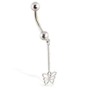 14K solid white gold belly ring with dangling butterfly Jewelry