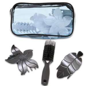   Plastic Hair Brush Set with Flower & Leaf Hair Claws   White Beauty