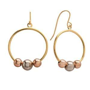   Duragold 14k Tri Color Gold Circle with Three Bead Earrings Jewelry