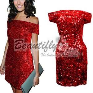  Cute Red Sequins Square Shoulder Cocktail Ball Women Short 