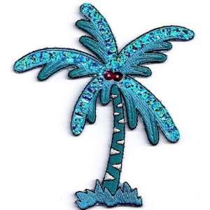 Palm Tree w/Blue Sequins/Iron On Embroidered Applique/Tropical, Beach