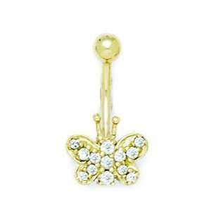 14k Yellow Gold CZ 14 Gauge Dangling Butterfly Body Jewelry Belly Ring 