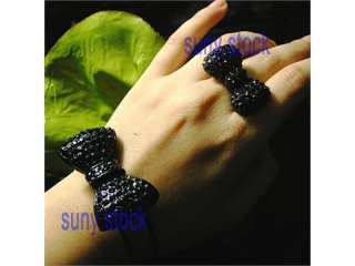 HOT CUTE Black CRYSTAL HELLO KITTY Big BOW Bracelet AND RING A63 