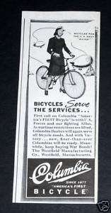   MAGAZINE PRINT AD, COLUMBIA BICYCLES FOR U.S. NAVY, WAVES RIDE  