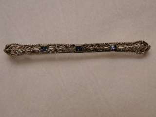 Vintage Ornate Filigree 14K Gold Blue Topaz Bar Pin 2 ¼ long  