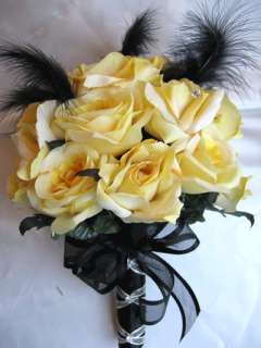 17pc Bouquet wedding flowers YELLOW /BLACK FEATHERS  