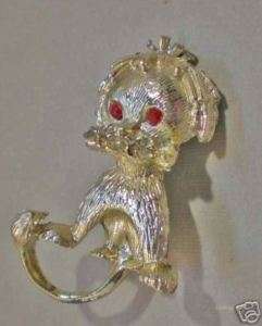 Vintage Figural Lion Brooch Pin Red Rhinestone Eyes  