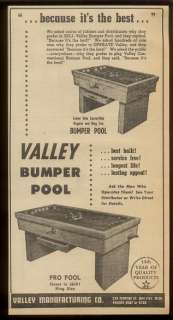 1956 Valley coin op bumper pool table photo vintage trade print ad 