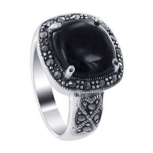   Top Marcasite Band with 11mm Square Black Onyx Stone Ring Size 6.5