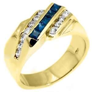   Gold Mens Princess Cut Blue Sapphire & Round Diamond Ring 1.62 Carats