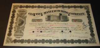 1920 Clifton Manufacturing Co. Stock Certificate   S.C.  