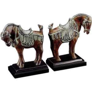  Tang Horse, Marbleized Brass, Patina Bookends, tarnish 