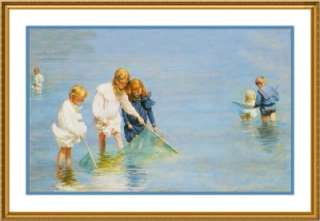 Charles Currans Children catching Minnows at Beach Counted Cross 