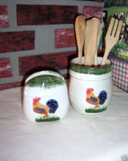 CREME UTENSIL HOLDER & NAPKIN HOLDER W/ ROOSTER DESIGN  