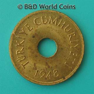 TURKEY 1948 1 KURUS 18mm Brass KM#881 DECIMAL COINAGE  