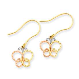 New 14k Gold Tri Color Diamond Cut Butterfly Dangle Earrings  