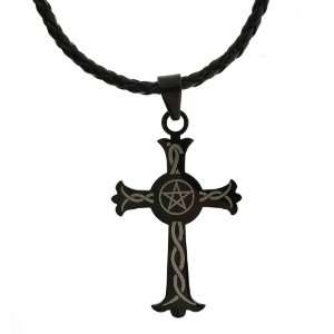   Cross with Pentagram Logo   Adjustable 22 Leather Cord Jewelry