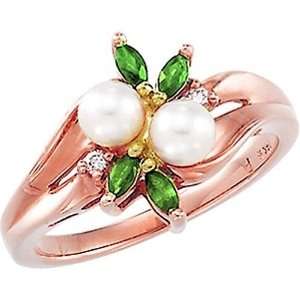   14K Rose Gold Akoya Cultured Pearl, Emerald and Diamond Ring Jewelry