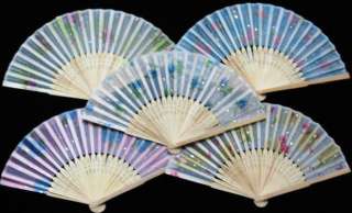 lots of 5 party silk FLOWER bamboo folding hand fans  