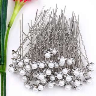 50pc Crystal White Faux Pearl Flowers Bridal Hairpins  