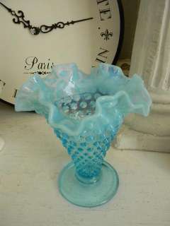 Lovely Vintage Fenton Blue Opalescent Hobnail Ruffled Vase  