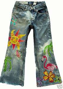 Boutique Custom Painted Flamingo Floral Reef Upcycled Jeans for girls 