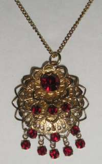 Vintage Three Tier Pendant Necklace w/ Faceted Red Glass Sets, Gold 