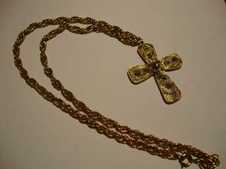 Vintage Tortolani gold tone large cross pendant necklace chain wire 