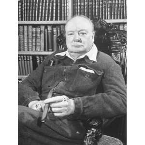 Winston Churchill Holding Cigar, Seated in Study at Chartwell Wearing 
