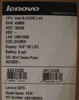 LENOVO G570 43348PU LAPTOP INTEL i5 15.6 2.4Ghz 4GB 750GB HD WIN7 NEW 