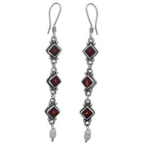   Garnet and Pearl Drop Earrings, Falling Rain 0.3 W 2.4 L Jewelry