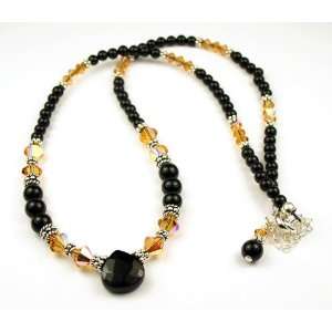 Black Onyx Beaded Gemstone Necklace w/ Golden Topaz Crystals in .925 