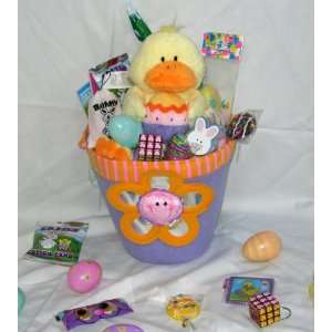 Plush Flower Kids Easter Gift Basket   Candy, Games, Coloring 