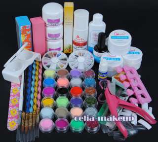 Full 24 color Acrylic Powder Glitter Liquid Nail Art Kit UV gel primer 