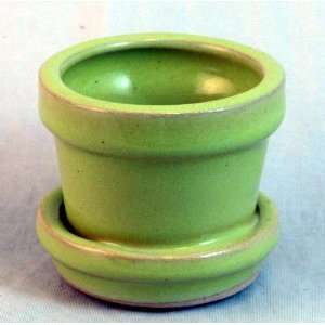  Mini Ceramic Pot + Saucer   2 3/4 x 2 1/4  Lime Green 