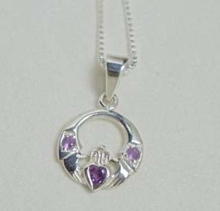 Sterling Silver Claddagh Amethyst CZ 14 Necklace pd8  