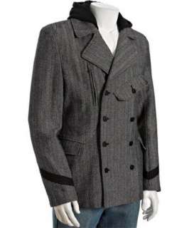 Cohesive grey herringbone poly wool hooded coat   