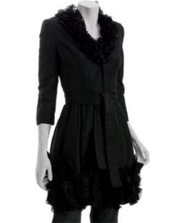 black poly silk ruffle detail belted jacket   