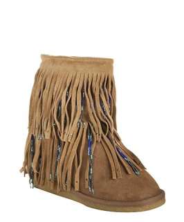 Koolaburra chestnut suede Sophie short fringed shearling boots