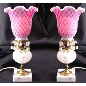 Pair Vintage Luster Lamps Cranberry Shade with Crystals Marble Base 