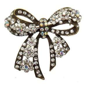   Clear and AB Crystal   Filigree Style Large Floral Bow Brooch Jewelry