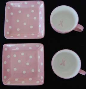 Pampered Chef Set of 2 Pink Polka Dot Small Plates Mugs Set Cancer 